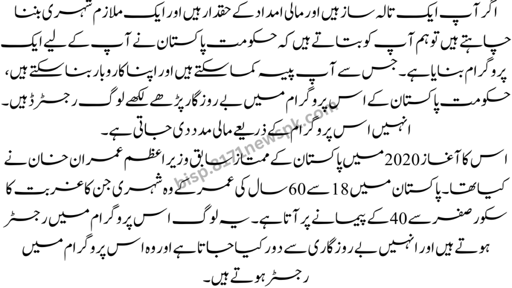 اگر آپ ایک تالہ ساز ہیں اور مالی امداد کے حقدار ہیں اور ایک ملازم شہری بننا چاہتے ہیں تو ہم آپ کو بتاتے ہیں کہ حکومت پاکستان نے آپ کے لیے ایک پروگرام بنایا ہے۔44