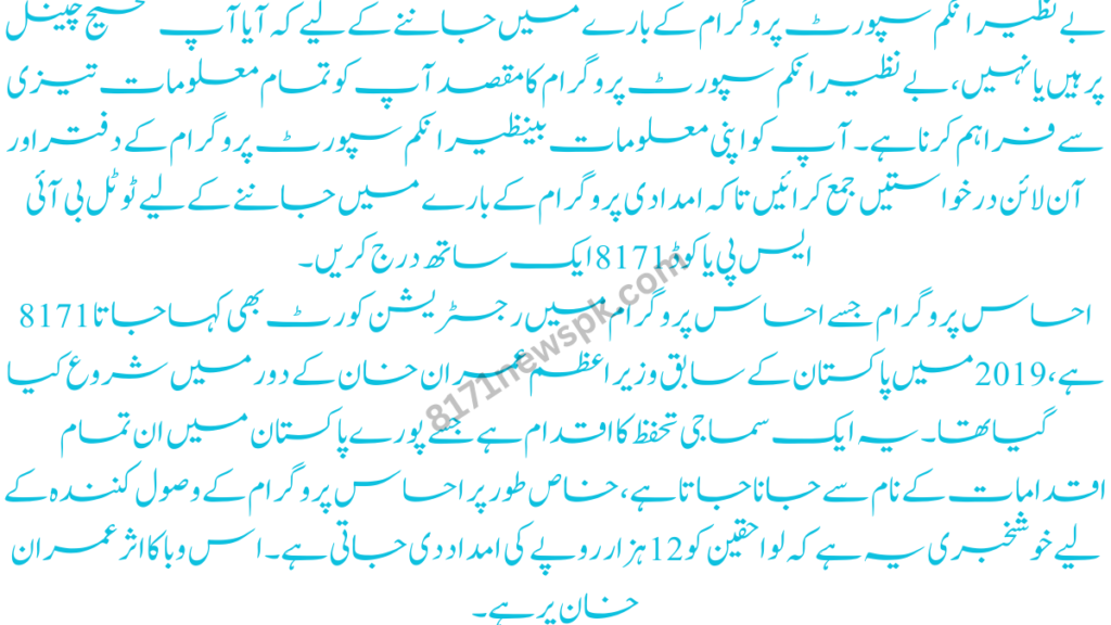 بے نظیر انکم سپورٹ پروگرام کے دفتر اور آن لائن درخواستیں مدد کے پروگرام کے بارے میں جاننے کے لیے ٹوٹل بی آئی ایس پی یا کوڈ 8171 ایک ساتھ درج کریں۔