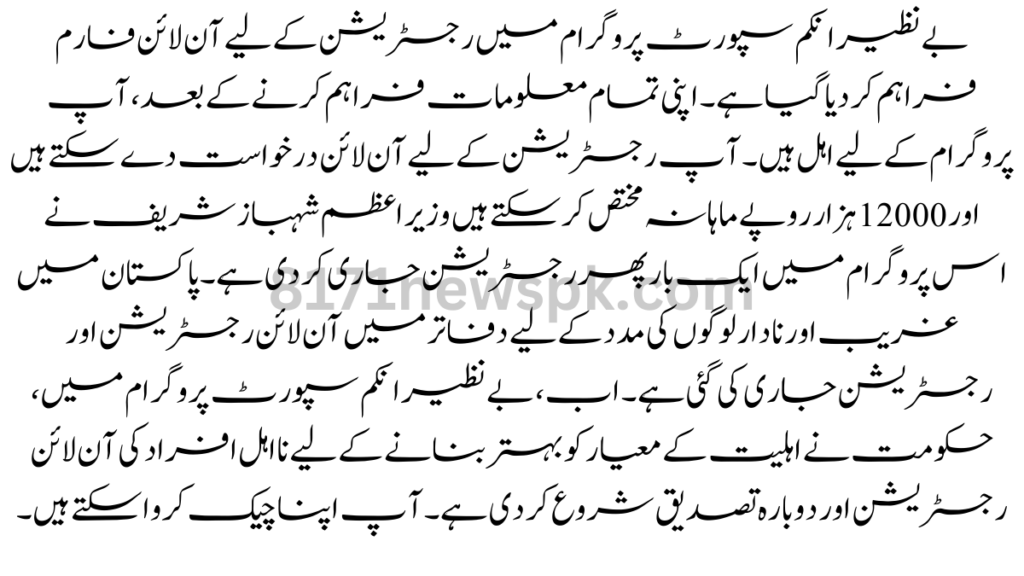 بے نظیر انکم سپورٹ پروگرام میں رجسٹریشن کے لیے آن لائن فارم فراہم کر دیا گیا ہے۔ اپنی تمام معلومات فراہم کرنے کے بعد، آپ پروگرام کے لیے اہل ہیں۔